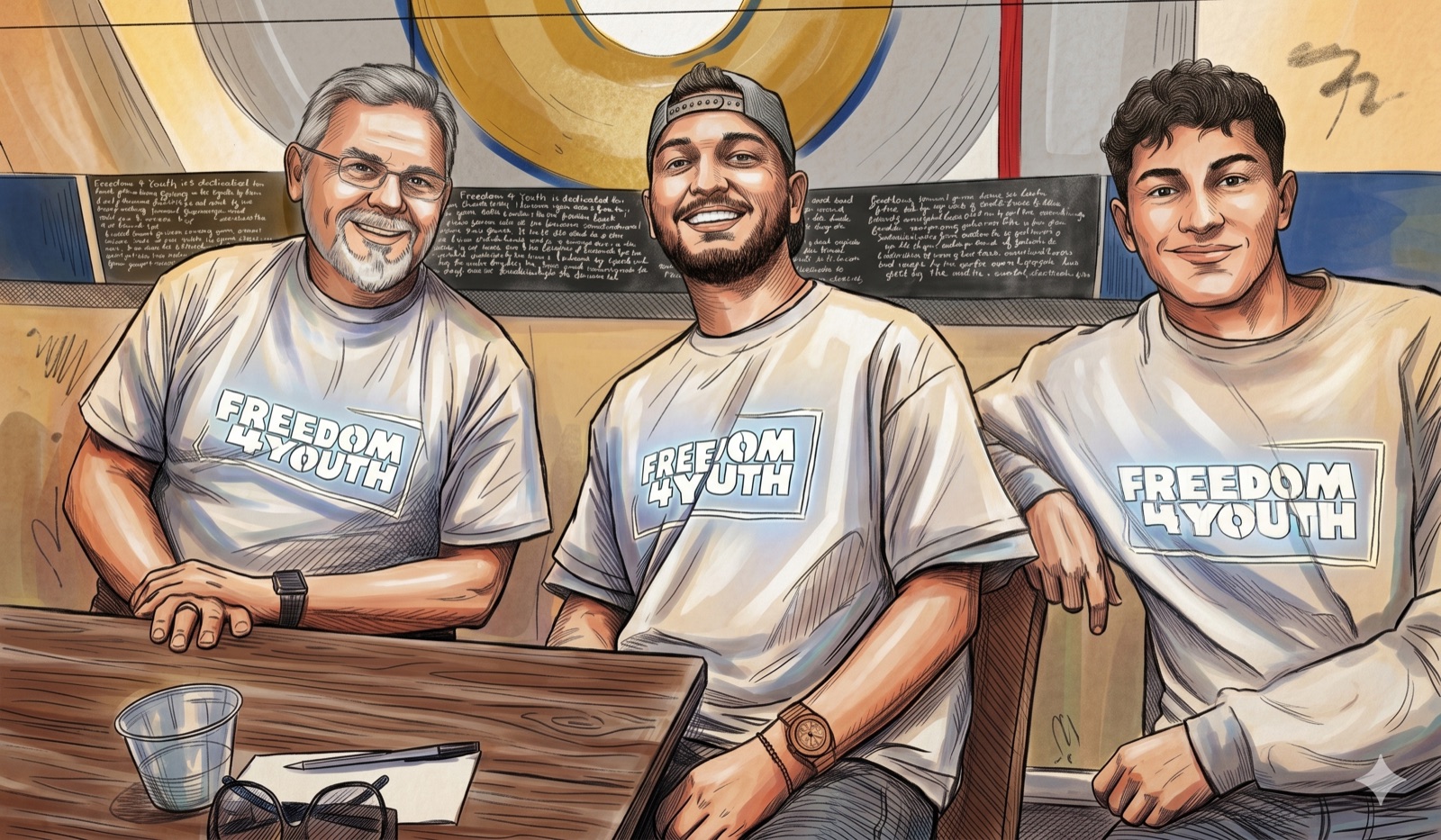 Illustration: Freedom 4 Youth young people around one table — met with opportunity, not punishment