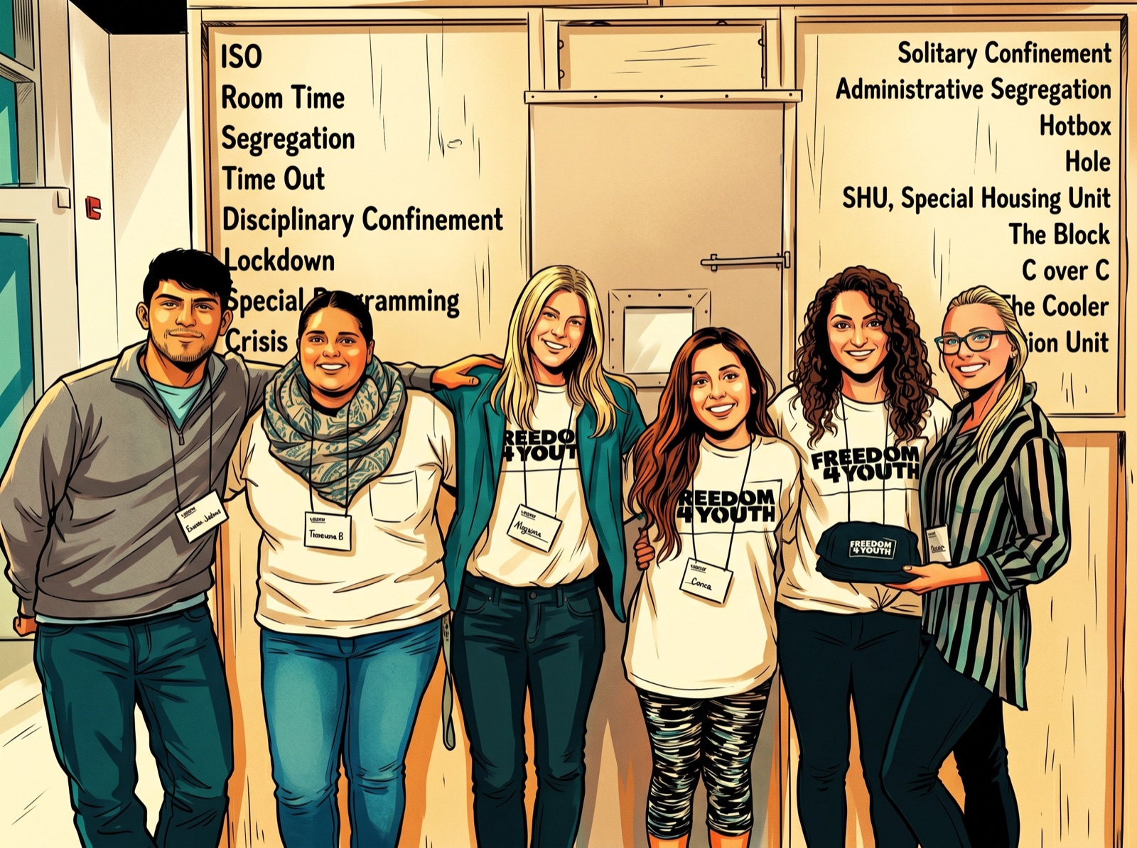 Illustration: the Freedom 4 Youth team standing together where the system's language looms large